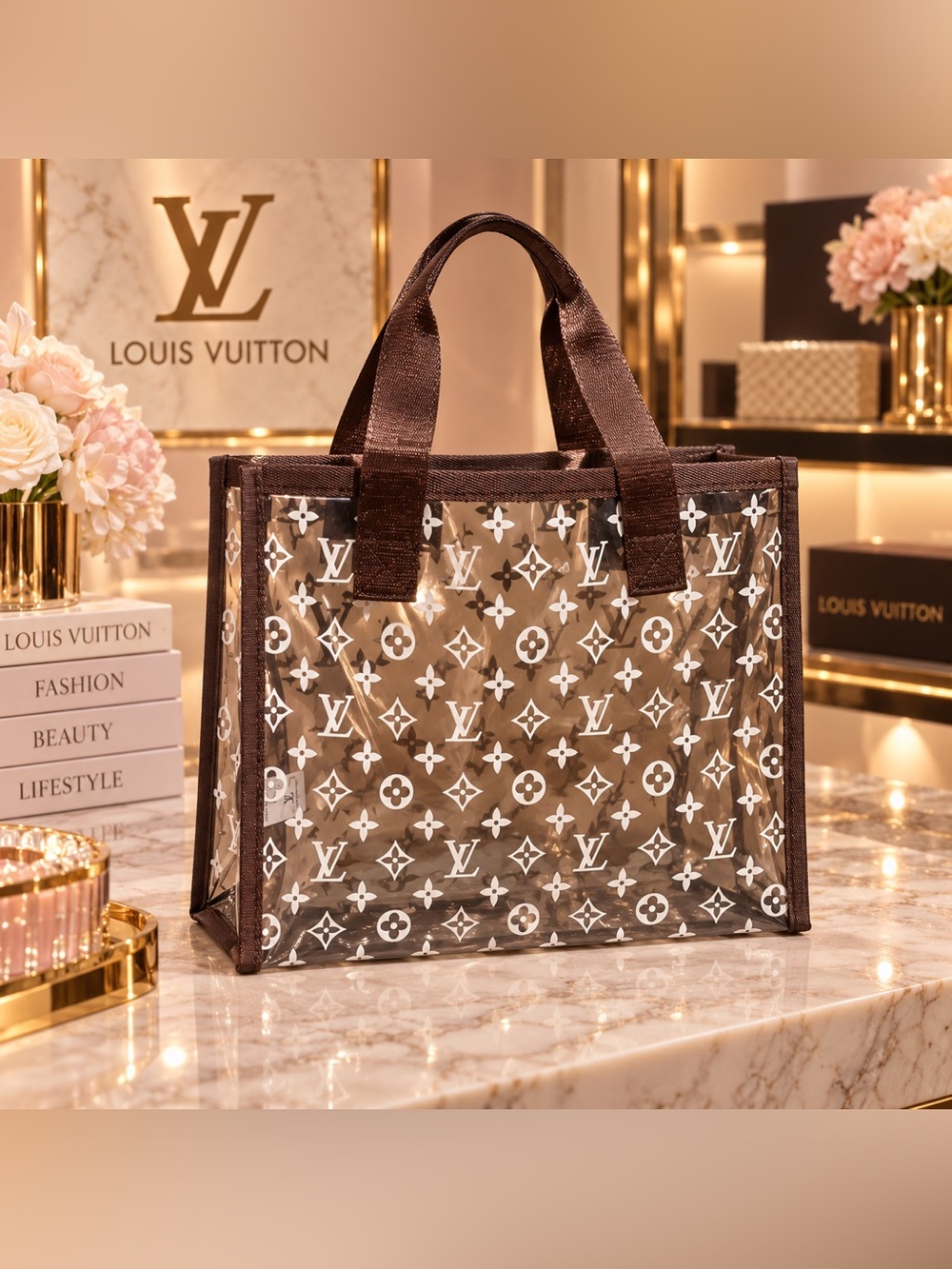 Brown Clear Tote Bag with Monogram Print